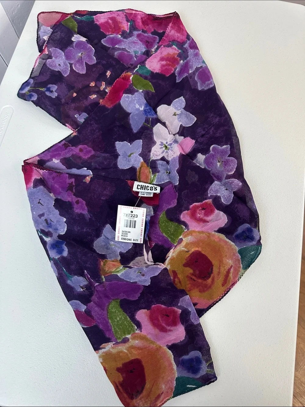 NWT Chicos Vintage Deadstock Sheer Purple Floral Saskian Scarf